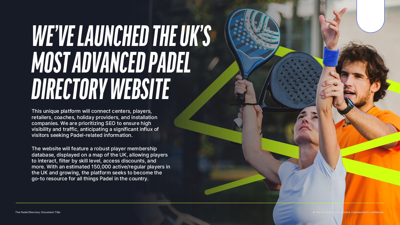UK padel directory website launch slide