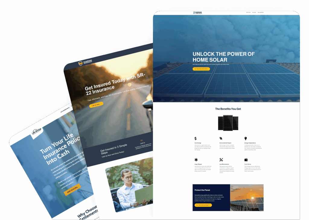 Website development project mockups for solar, investment, and landing pages