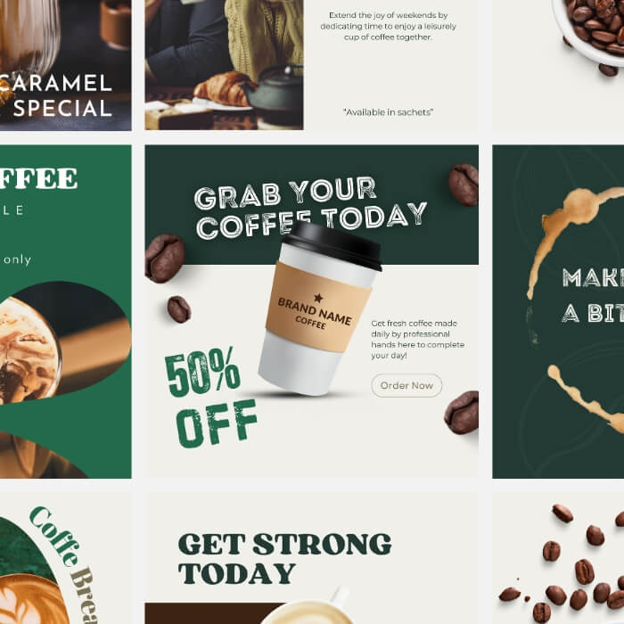 Creative coffee brand promotion graphics for digital ads and print campaigns