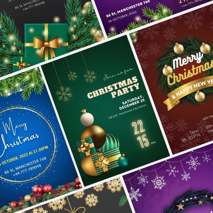 Festive holiday invitation card set with creative Christmas themes