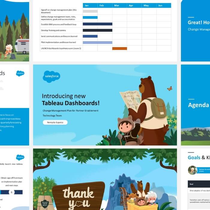 Salesforce change management and Tableau dashboard presentation design mockup