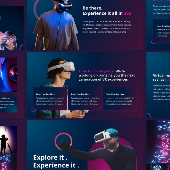 Pitch deck design for VR startup with immersive blue futuristic theme