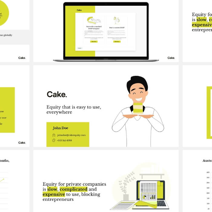 Illustrated pitch deck for Cake, a food delivery startup with playful branding