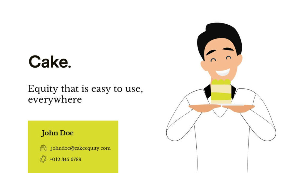 Cartoon-style character illustration used for Cake Equity investor presentation