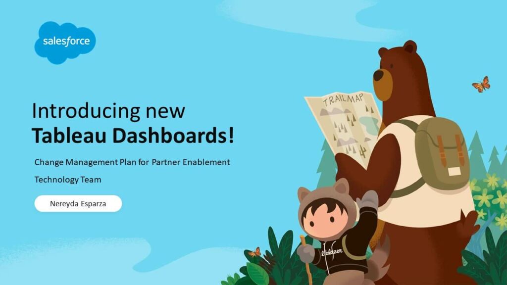 Illustration of Salesforce characters introducing new Tableau Dashboards for change management