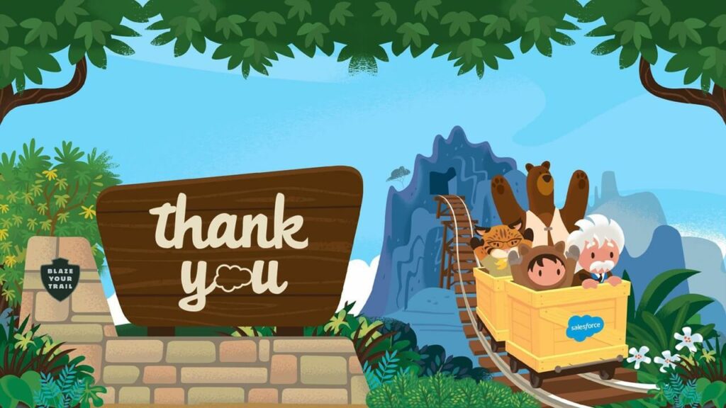 Salesforce thank-you illustration with characters celebrating project completion