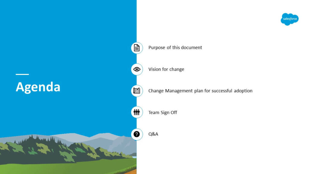 Agenda section visual showing change adoption plan with nature landscape