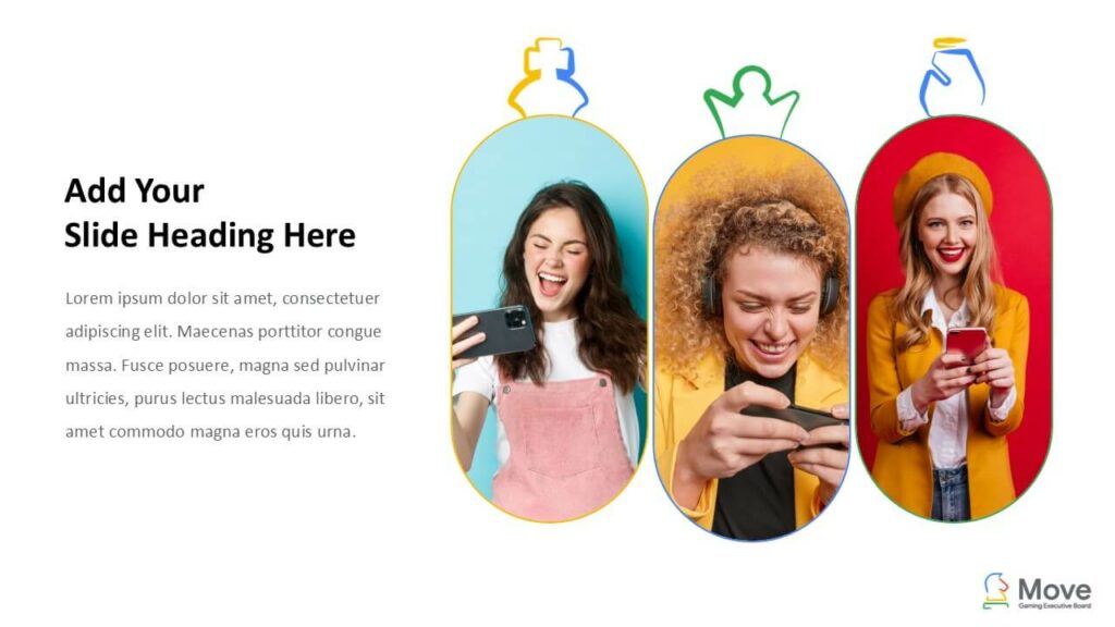 Team avatar style slide design with placeholder icons and diverse character visuals