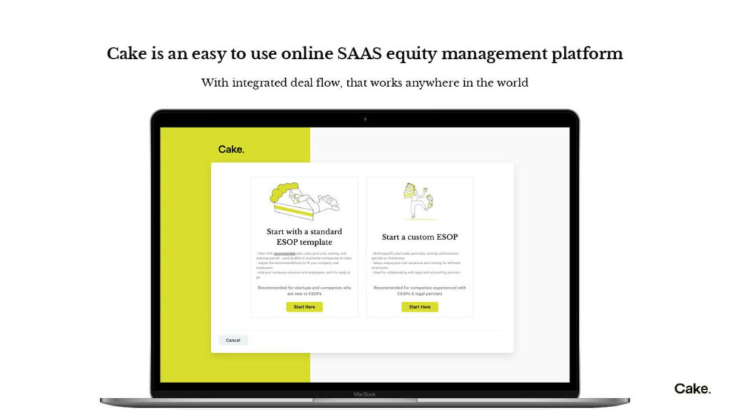 Investor dashboard UI screenshot for Cake Equity equity management platform