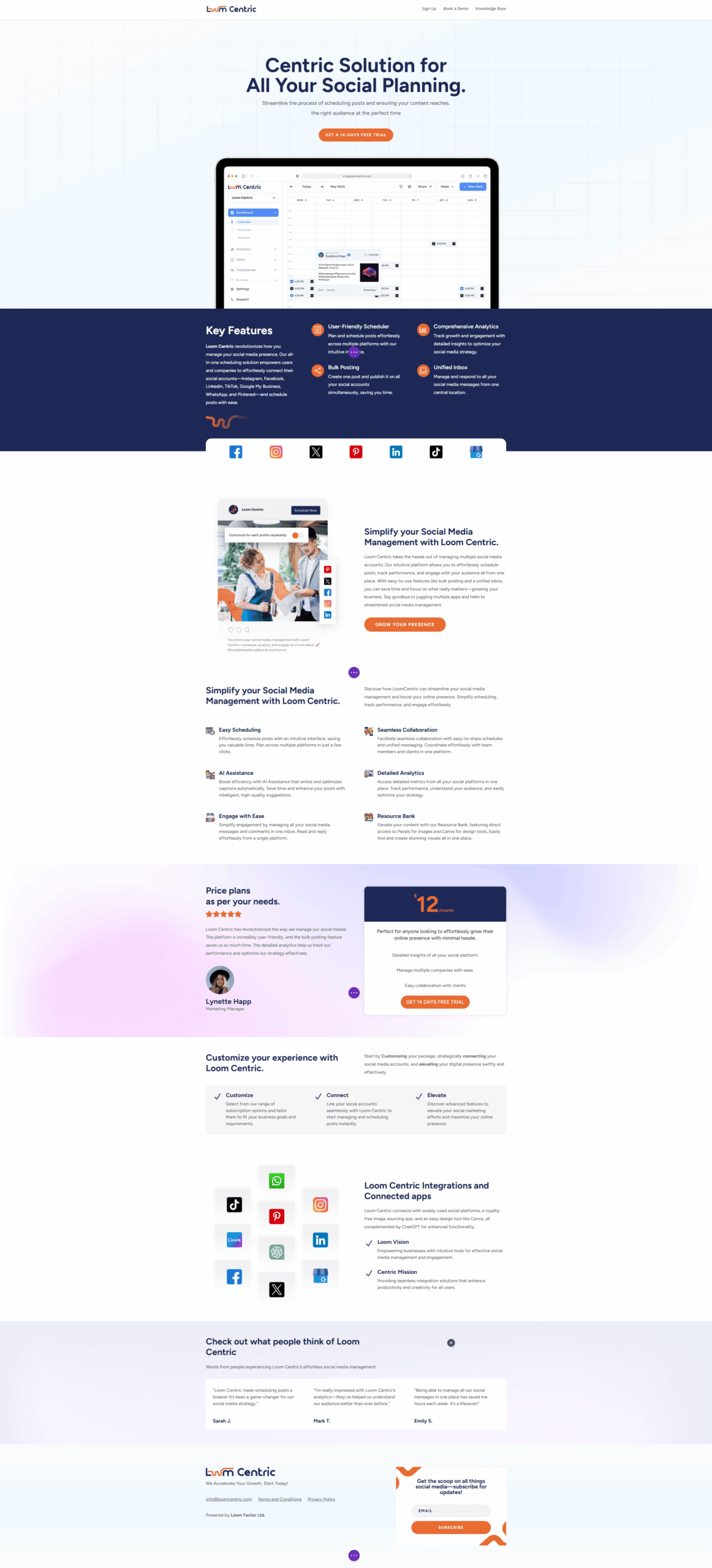 LoomCentric – Social media scheduler landing page with mobile-first design Mobile-first landing page for social scheduling app with feature highlights and pricing